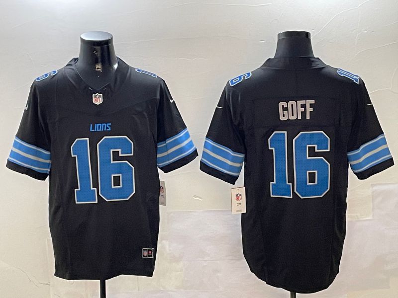 Men Detroit Lions #16 Goff Black three generations 2024 Nike Limited NFL Jersey style 1